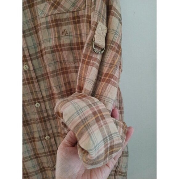 LRL Ralph Lauren 100% Linen Plaid Shirt Button Down Western Cottagecore Preppy M - Picture 5 of 7